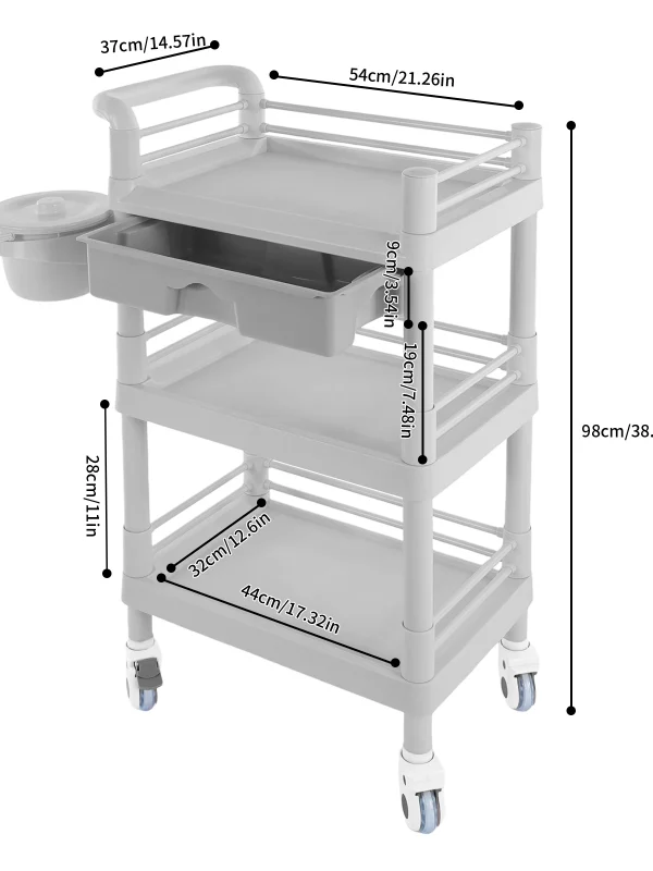 3-tier Beauty Trolley Salon Trolley With Drawer And Waste Bin For Barber Shops, Beauty Shops, Pet Shops 54*37*98cm